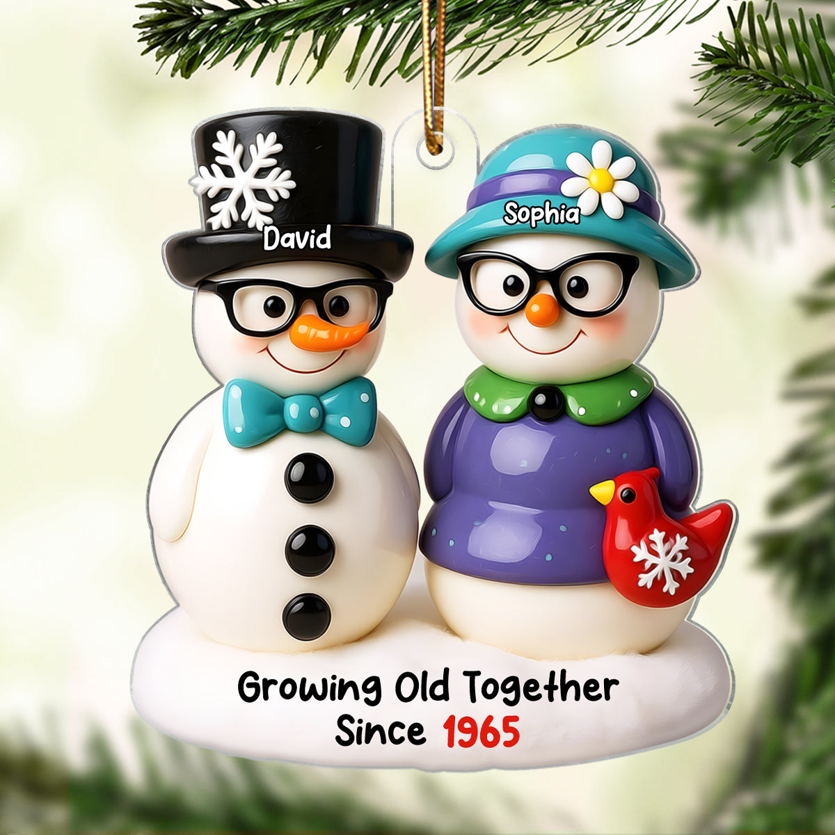 Snowman Couple Growing Old Together Personalized Acrylic Ornament, 3D Effect Ornament for Couple
