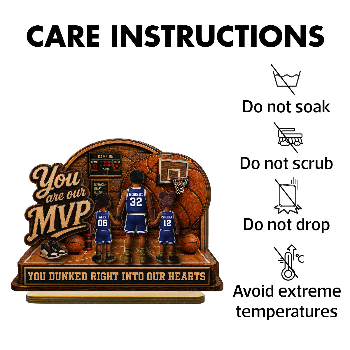 You Are Our MVP Standing Basketball Man & Kids 2D Flat - Personalized 2-Layered Wooden Plaque -  Gift For Basketball Dad