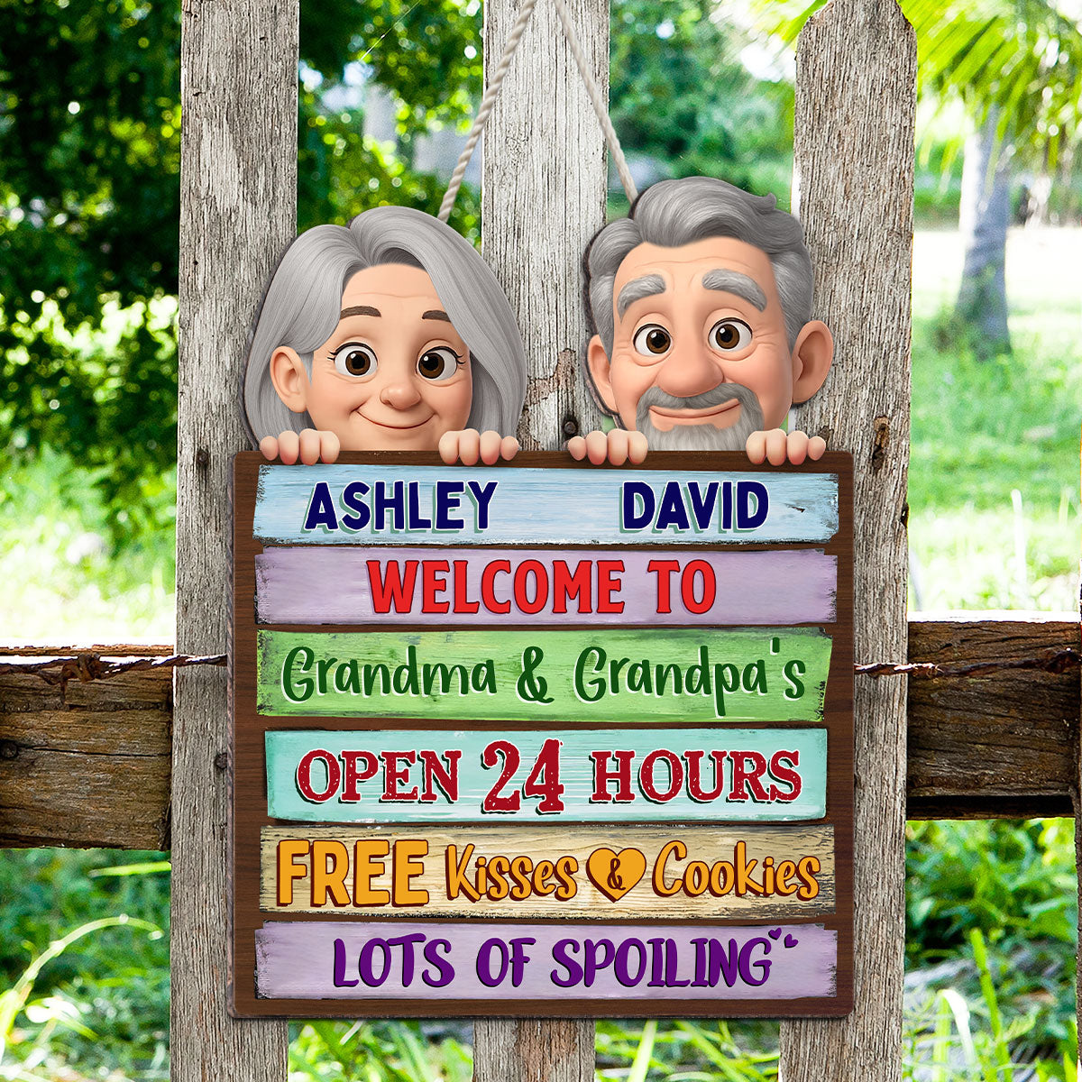 Welcome To Grandma Grandpa's Peeking Colorful Palletes Personalized Wood Sign