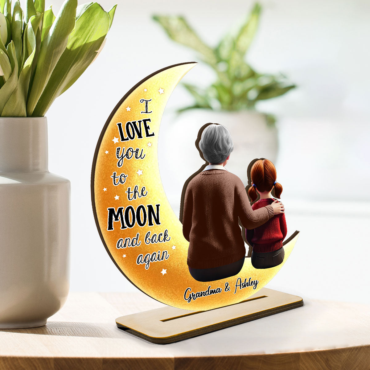 Grandma & Granddaughter Sitting On Moon Shaped Personalized Standing Wooden Plaque, Perfect 2025 Gift For Mom, For Grandma
