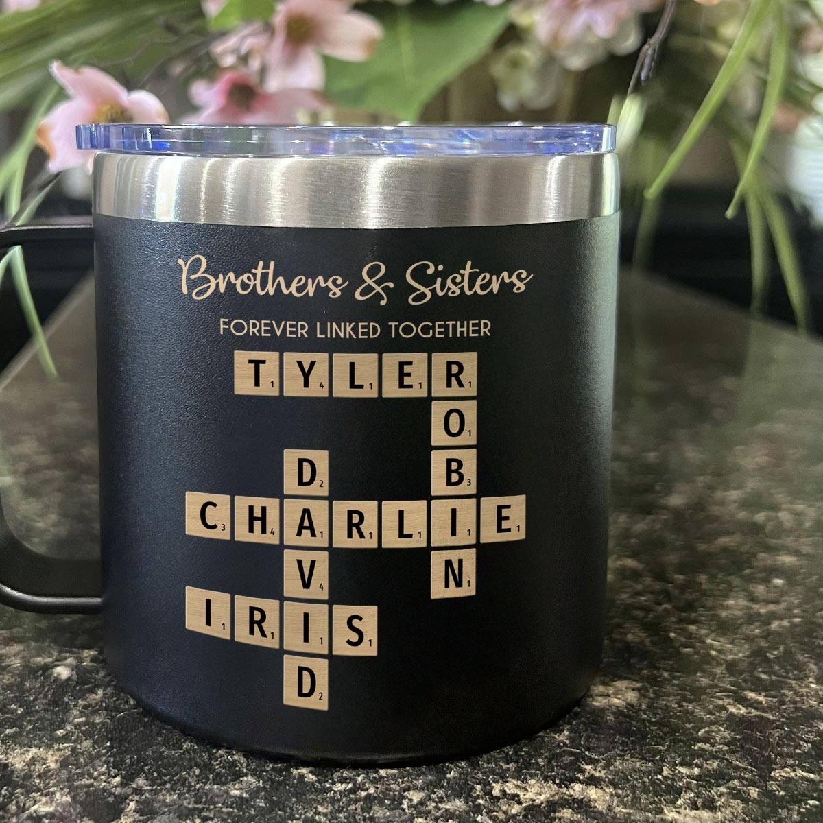 Brothers & Sisters Forever Linked Together Crossword Puzzle Art Personalized Stainless Steel Tumbler With Handle