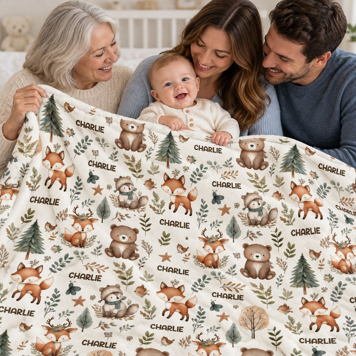 Woodland Animal Print Custom Baby Name - Personalized Fleece Blanket - Nursery Woodland Animal Theme For Baby