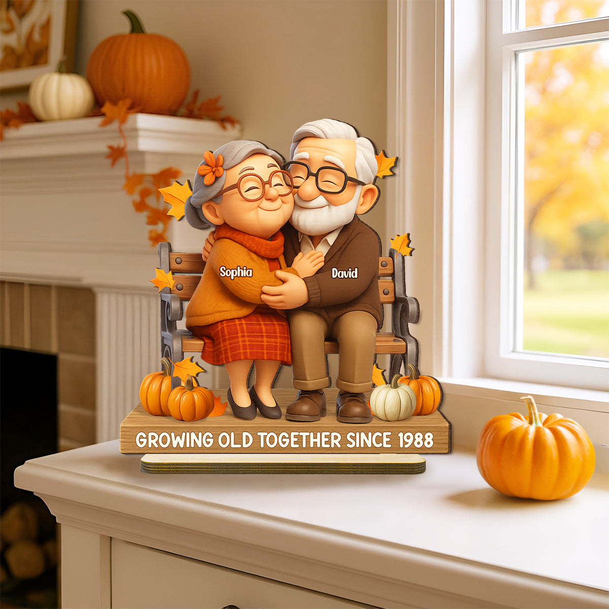 Old Couple Sitting Hugging Personalized Standing Wooden Plaque, Fall Decor for Couples