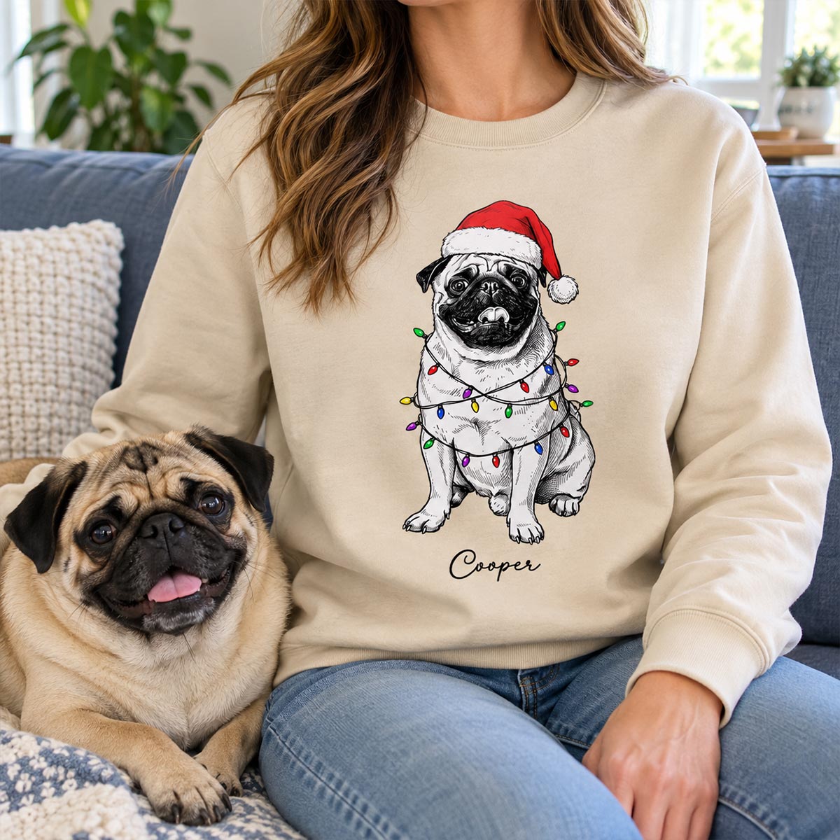 Custom Pet Portrait Christmas Hat & Strings Upload Your Photo - Personalized Shirt - Trendy Christmas Gift For Dog Lover