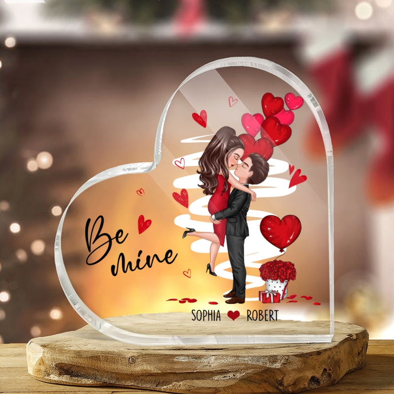 Be Mine Doll Couple Kissing Personalized Heart Shaped Acrylic Plaque - Gift For Him Gift For Her