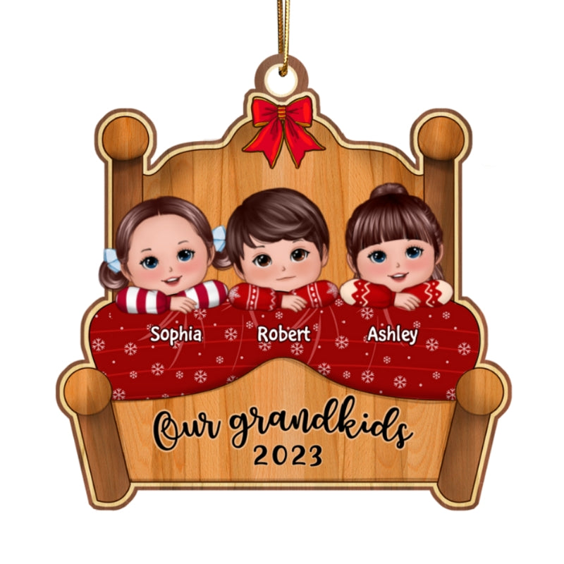 Our Grandkids Joyful Xmas In Bed - Personalized Custom Wooden Ornament
