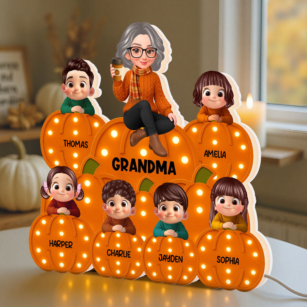 Fall Season Grandma Grandkids On Marquee Pattern Texture Pumpkins Personalized LED Light Box