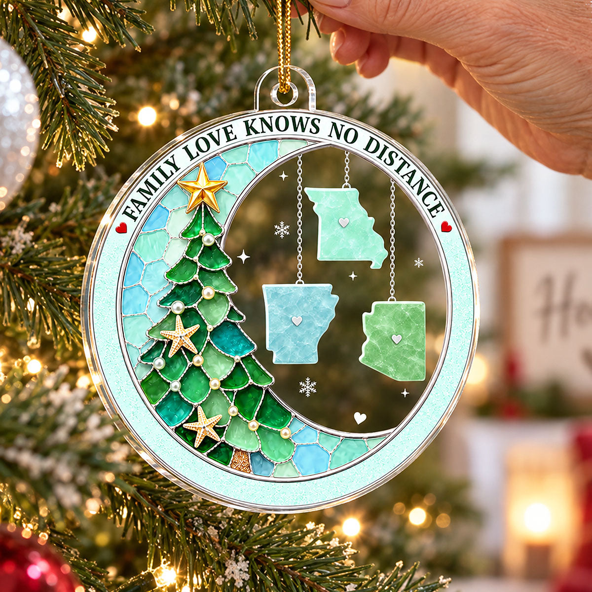 Family Love Knows No Distance State Hanging 2D Flat - Personalized Acrylic Ornament - Long Distance Gift
