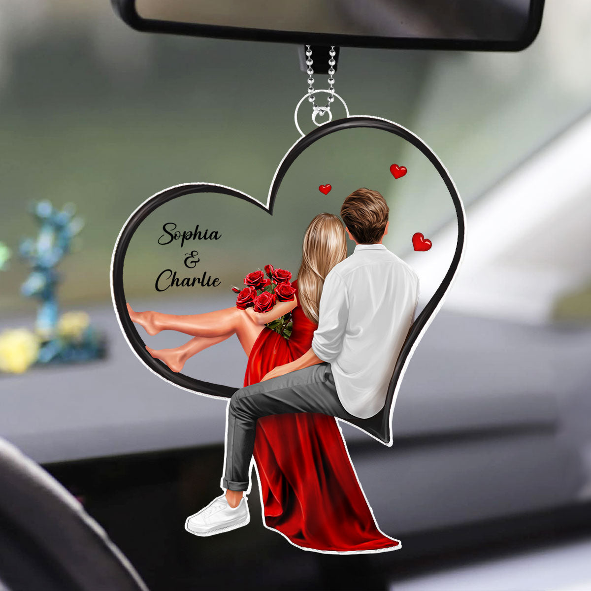 Couple Sitting On Heart Personalized Acrylic Car Hanger,  Gift, Anniversary Gift for Couples