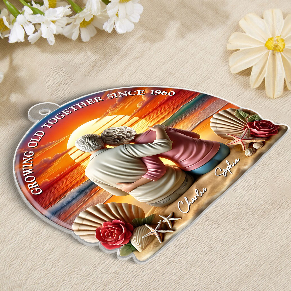 3D Effect Old Couple Sitting Sunset Beach Landscape Personalized Car Hanger Ornament, Heartfelt Gift For Couple, For Him, For Her, Husband, Wife