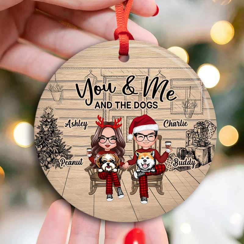 Couple And The Dogs Front Porch Personalized Christmas Circle Ornament