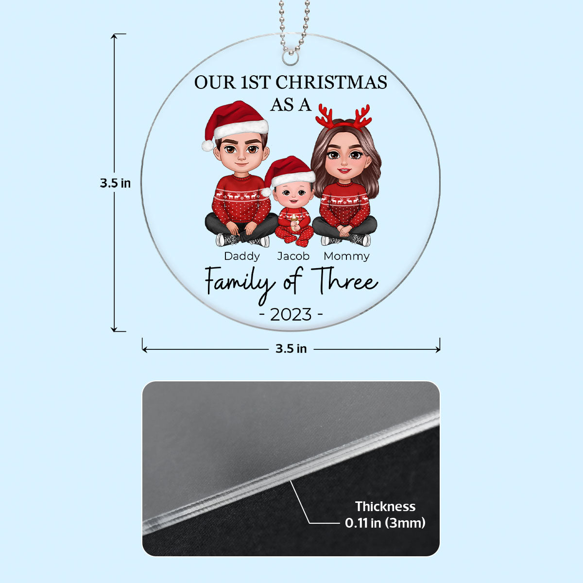 First Christmas As Family Of Three Crossed Legs Personalized Acrylic Ornament