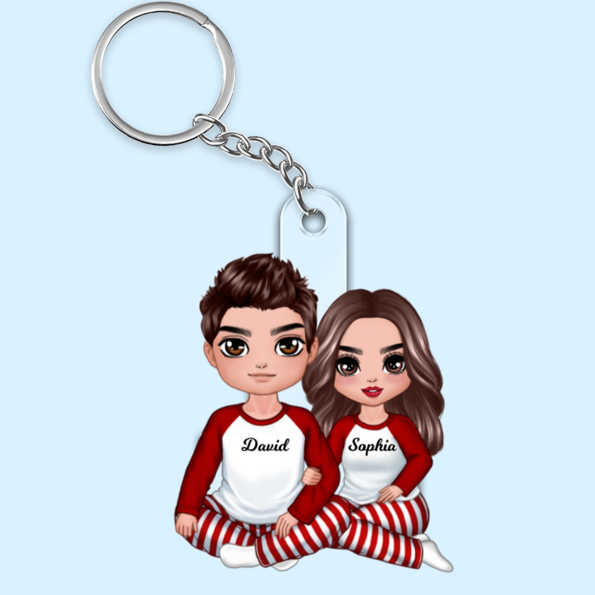 Christmas Doll Couple Sitting Hugging Personalized Acrylic Keychain