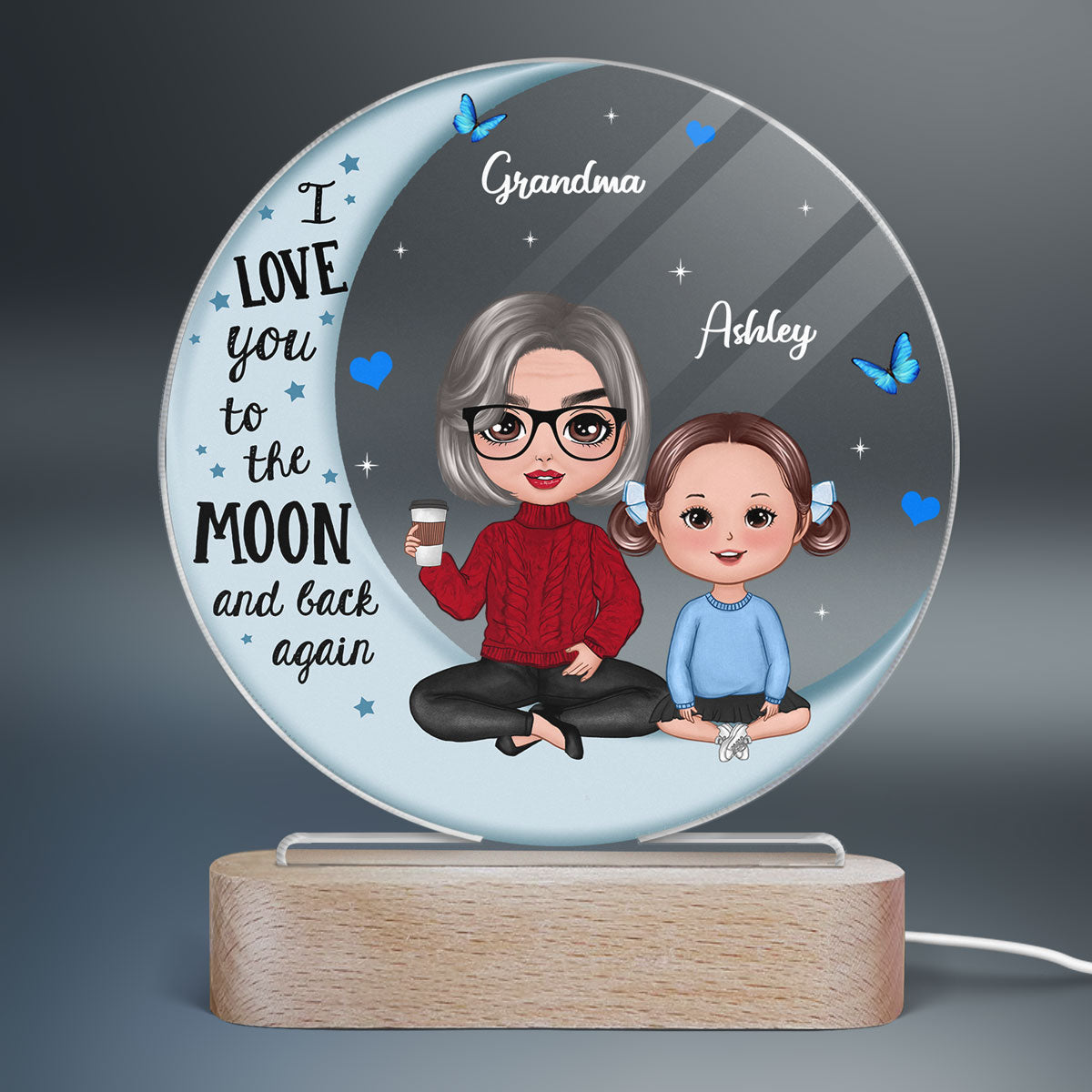 Doll Grandma Grandkids Blue Moon Personalized Circle LED Night Light Acrylic LED Lamp