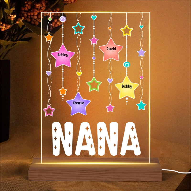Grandma Mom Stars Strings Kids Names Personalized Rectangle Acrylic Plaque LED Night Light