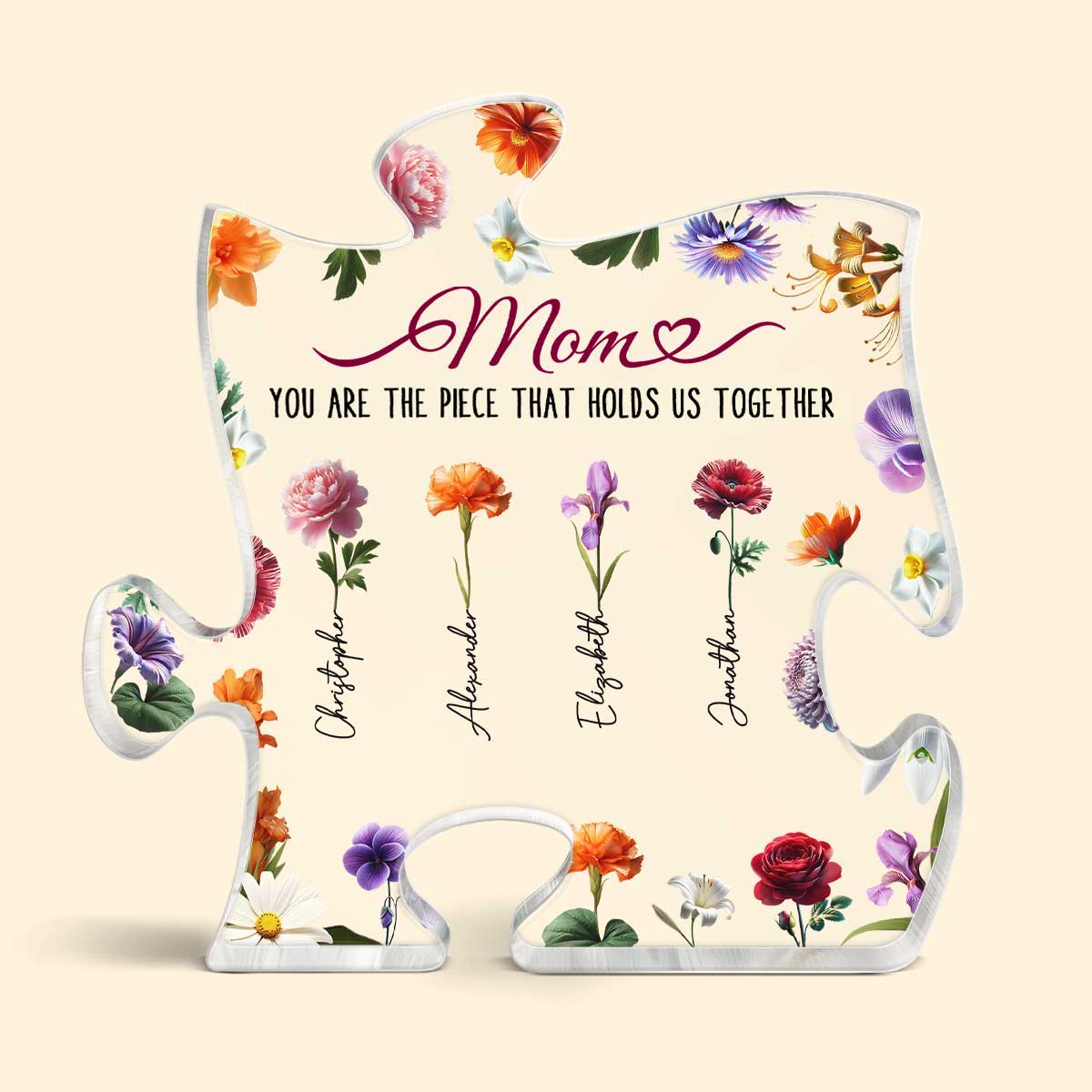 3D Effect Birth Month Flower Mom You Are The Piece That Hold Us Together Personalized Puzzle Acrylic Block Plaque