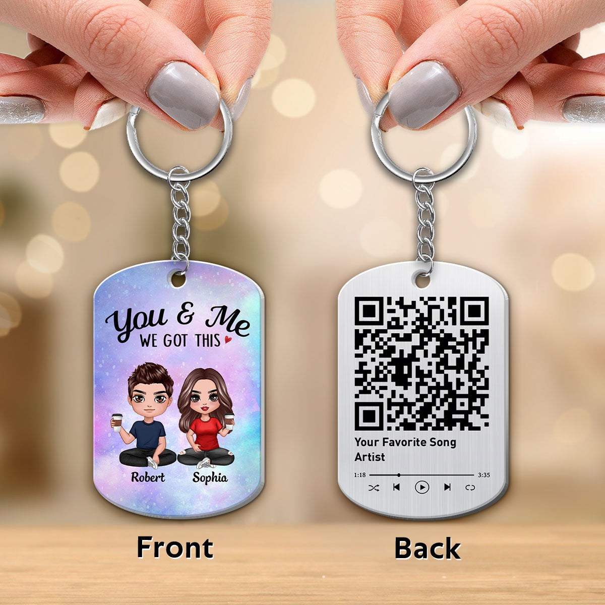 Doll Couple Sitting Together Since Favorite Song Scannable QR Code Personalized Metal Keychain