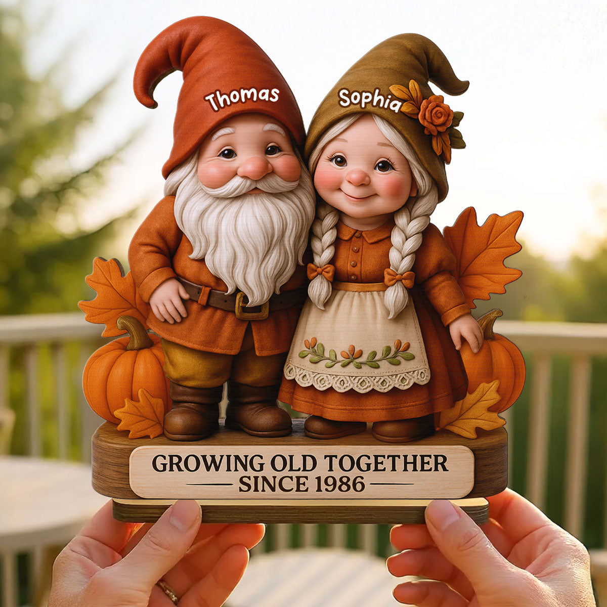 3D Effect Fall Season Gnome Couple Personalized Standing Wooden Plaque| Anniversary Gift, Birthday Gift, Wedding Gift For Couple