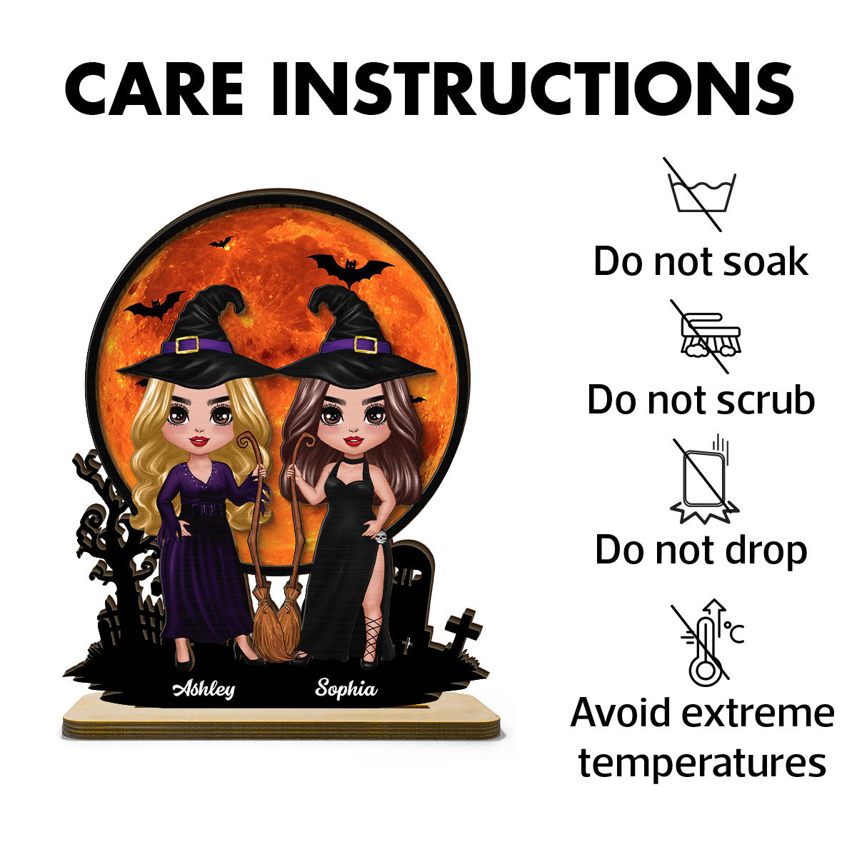 Witch Besties Halloween Moon Tabletop Tier Tray Wicca Pagan Decor Personalized 2-Layer Standing Wooden Plaque