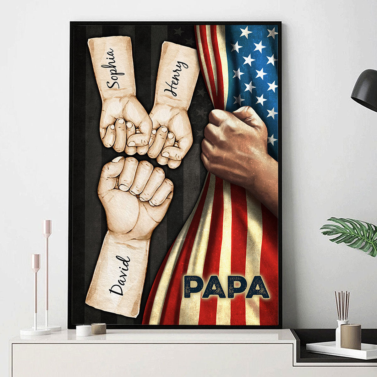 Grandpa Dad Fist Bump Hand Pulling American Flag Personalized Poster, Father's Day Gift for Dad, for Grandpa, for Husband