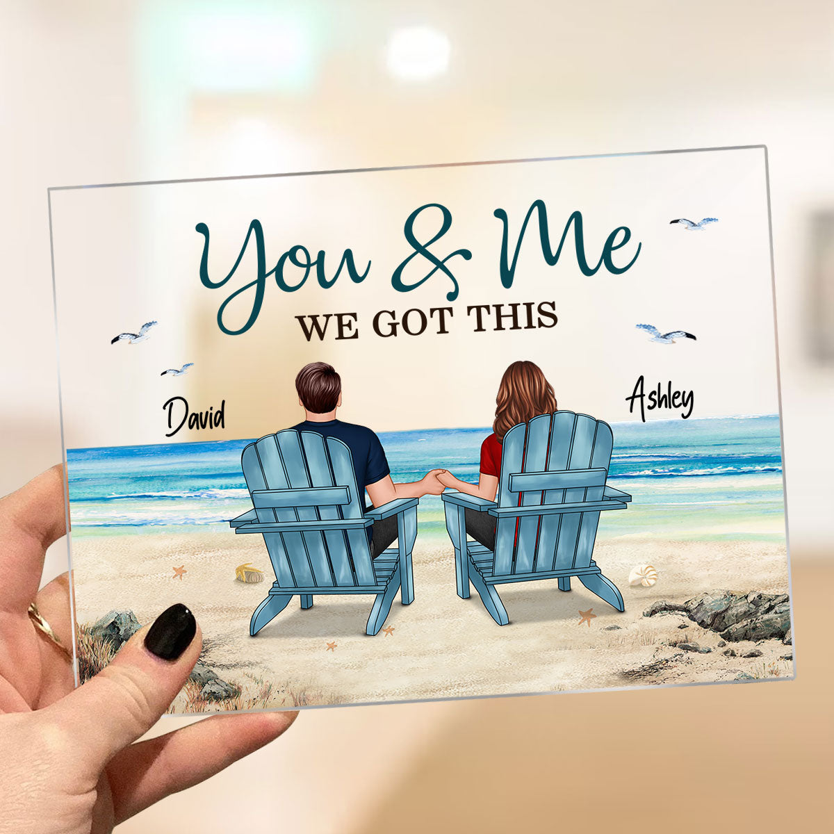 Back View Couple Sitting Beach Landscape - Personalized Acrylic Plaque - Anniversary Gift For Him, Gift For Her