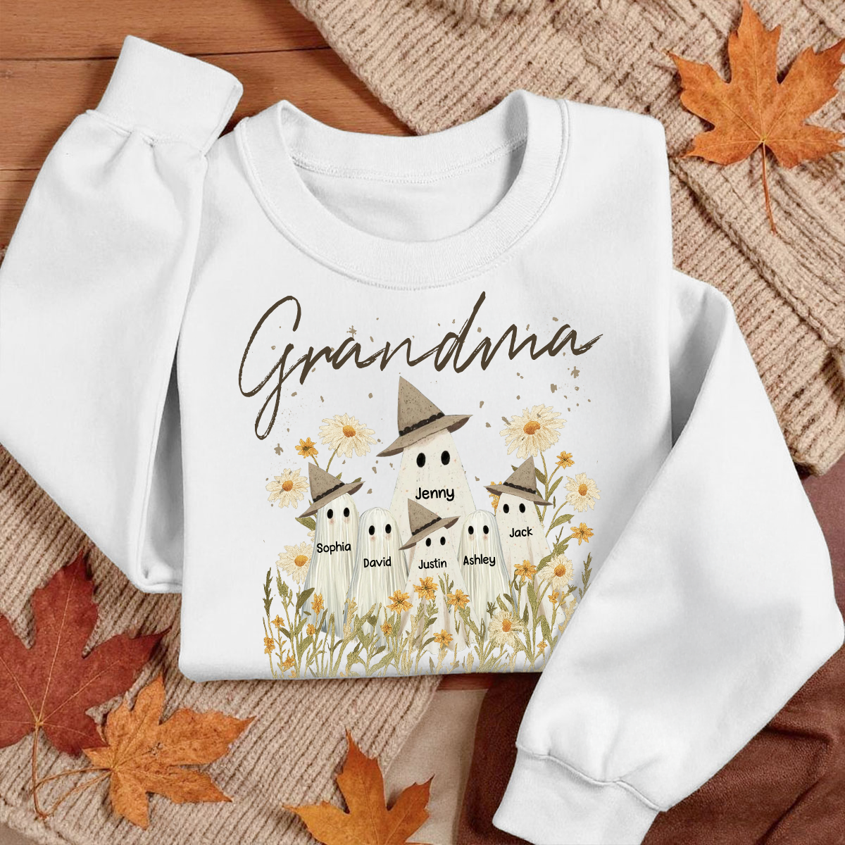 Cute Ghost Grandma And Kids In Wildflowers Spooky Fall Personalized Sweatshirt