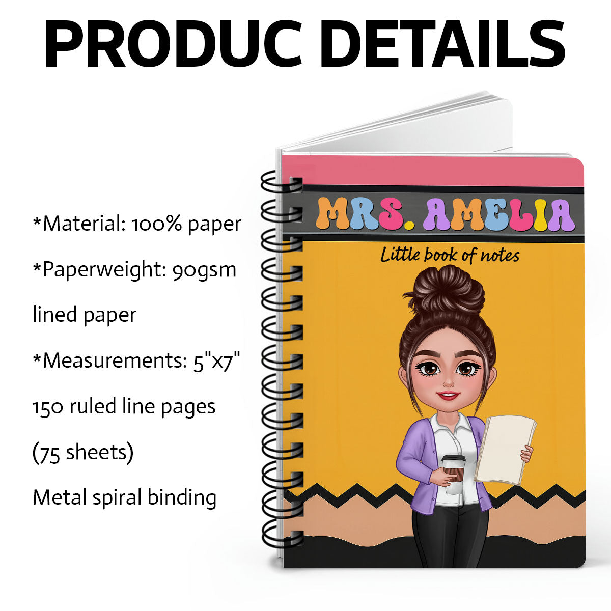 Pencil Themed Teacher With Name Personalized Spiral Notebook Journal, Back To School Stationery
