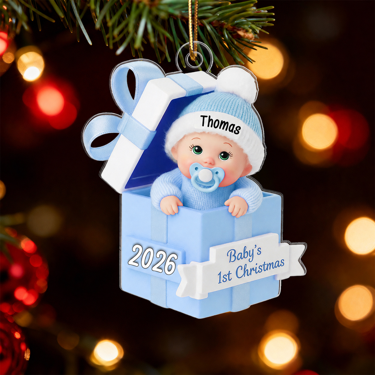 3D Effect Baby In Gift Box - Personalized Acrylic Ornament - First Christmas Keepsake