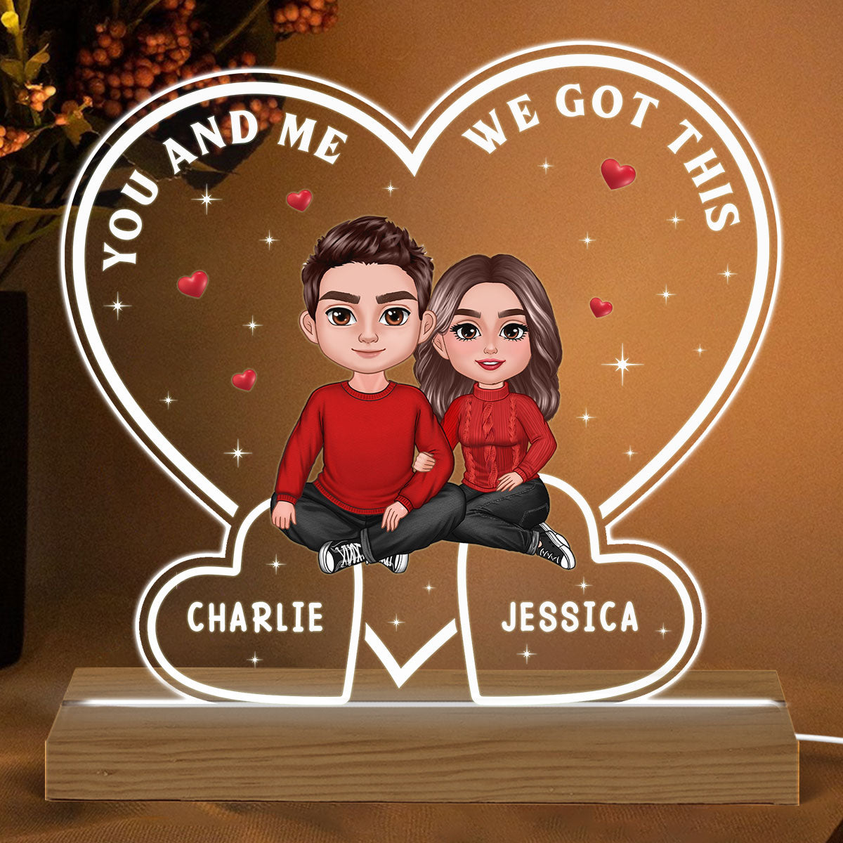 Doll Couple Embracing Sitting In Hearts Personalized Custom Shape Acrylic LED Night Light