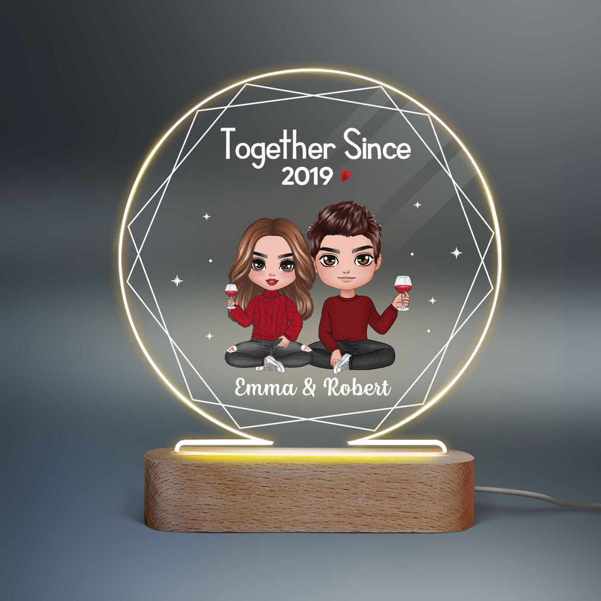 Hexagon Frame Doll Couple Sitting Personalized Circle Acrylic Plaque LED Lamp Night Light