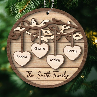 Family Tree Hanging Hearts Personalized 2-Layer Wooden Ornament, Christmas Gift For Family