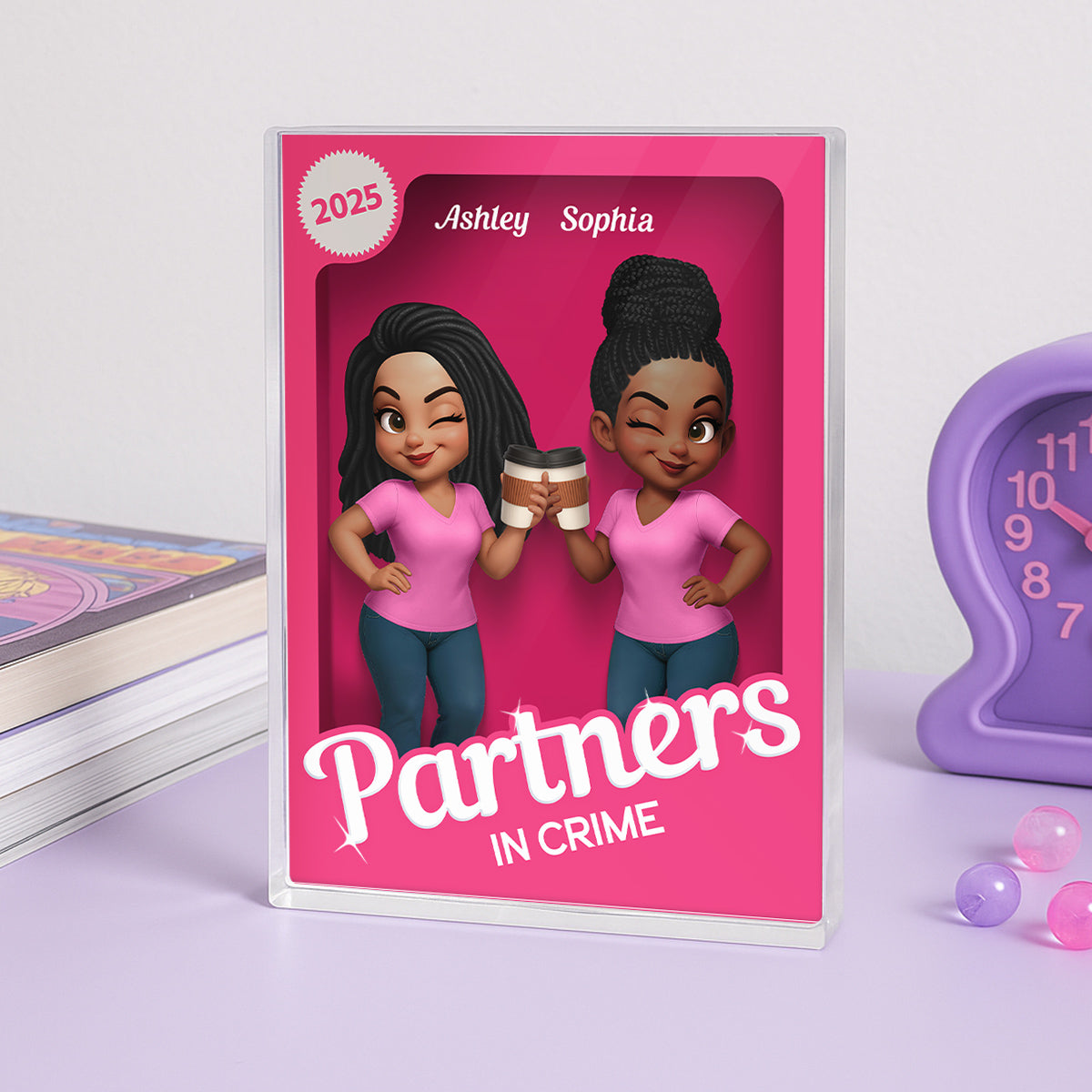 Besties Forever Pink 3D Effect Action Figure – Personalized Acrylic Block Plaque – Gift for Best Friends