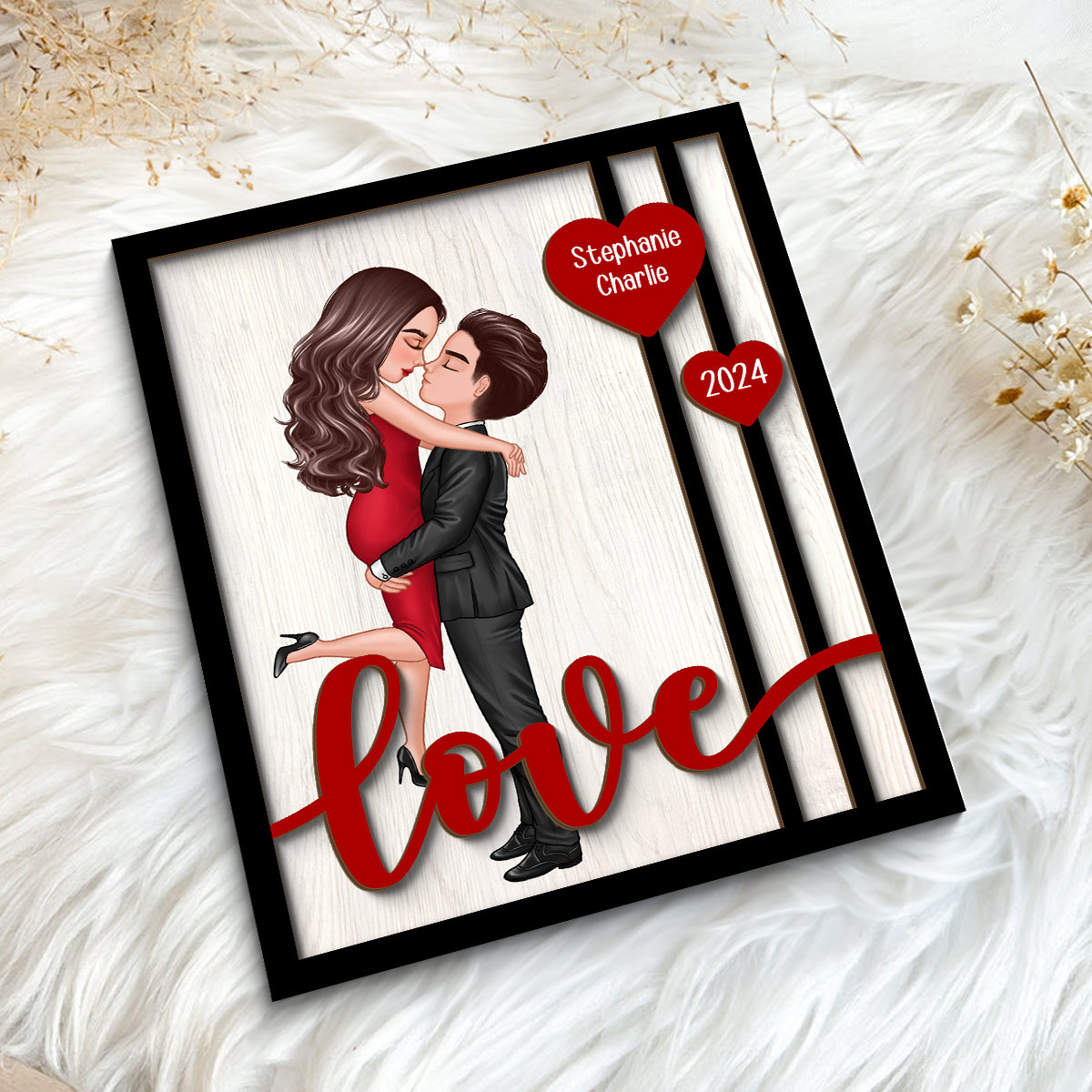 Couple Hugging Kissing Love Hearts Personalized 2-layer Wooden Plaque, Valentine‘s Day Gift For Him, For Her