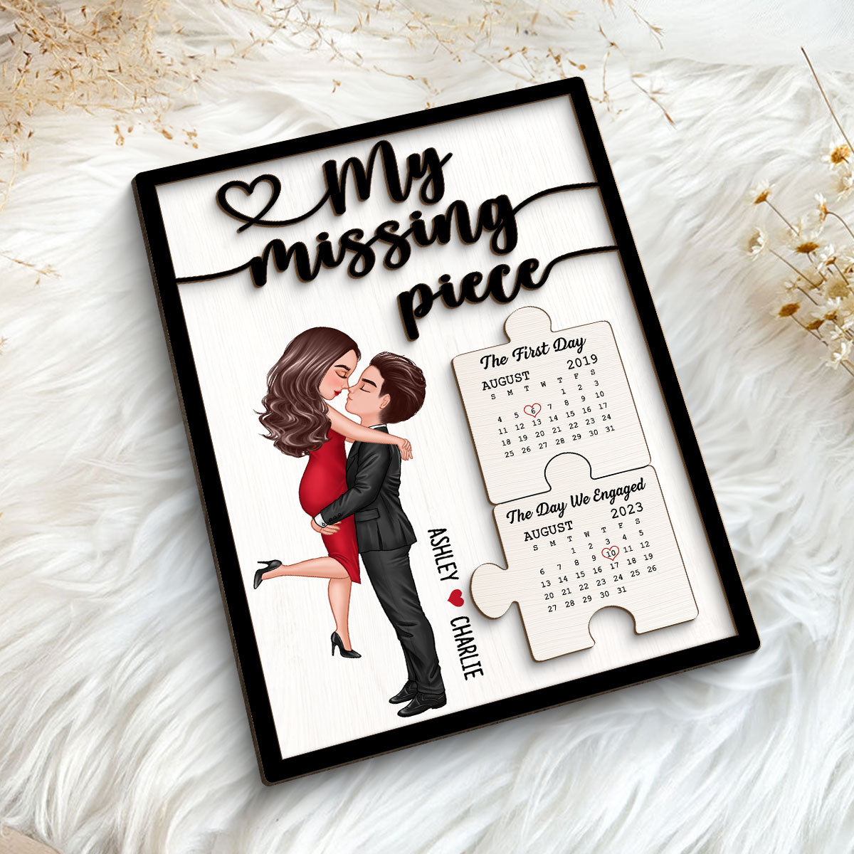 Couple Kissing Anniversary Dates Puzzle Personalized 2-layer Wooden Plaque