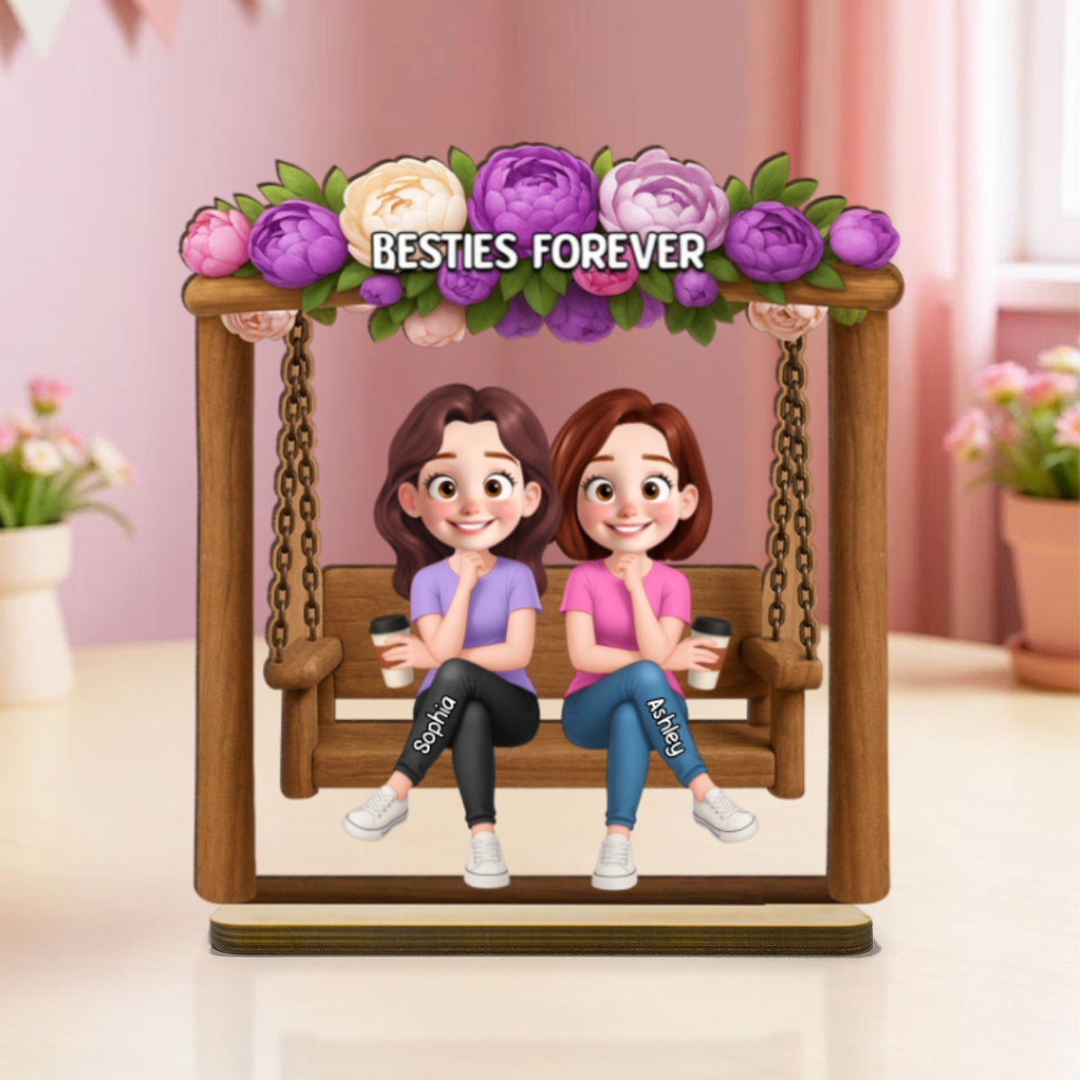 Pretty Besties Sisters On Swing Flowers 3D Effect Personalized Standing Wooden Plaque