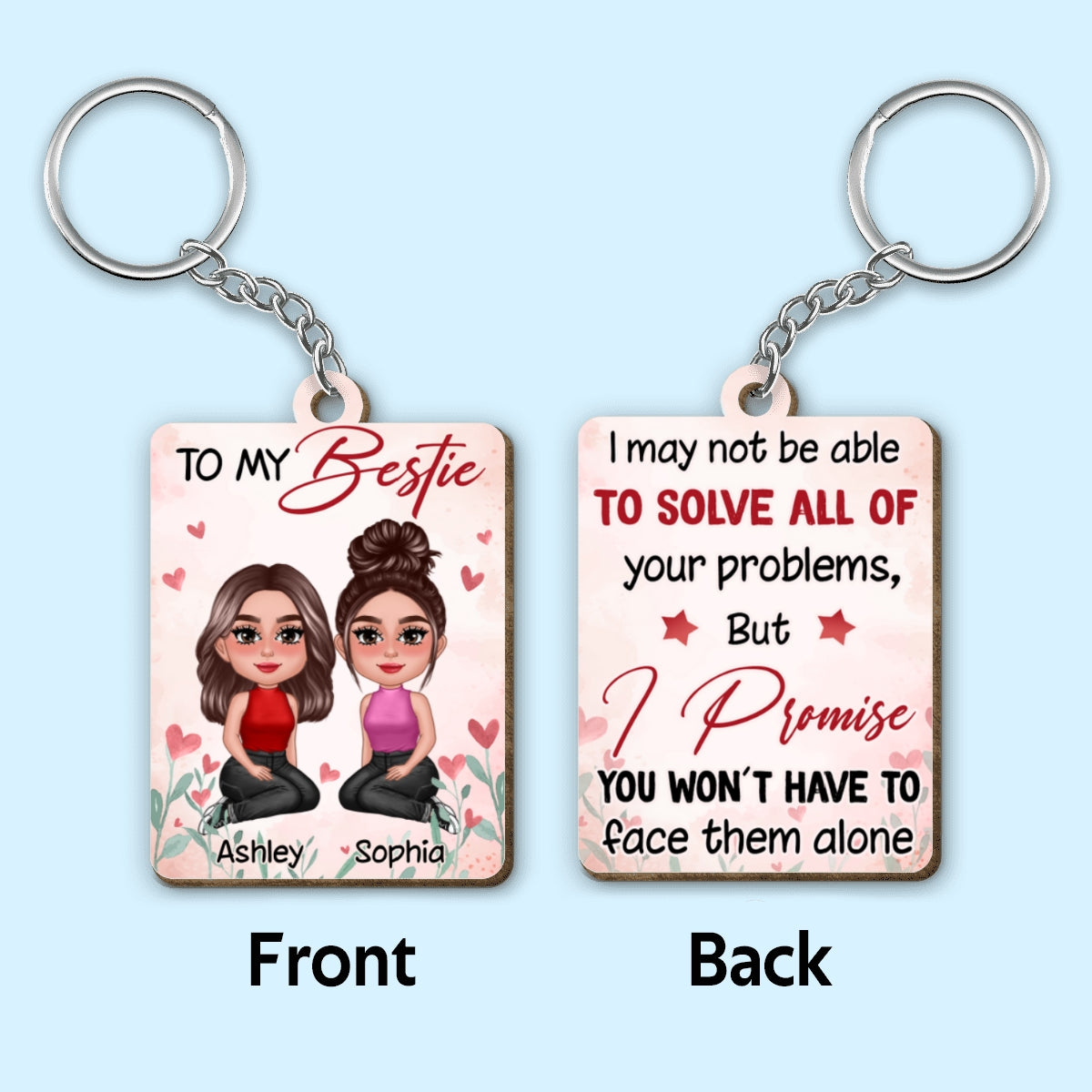 Pretty Doll To My Bestie Heart Flower Personalized Wooden Keychain