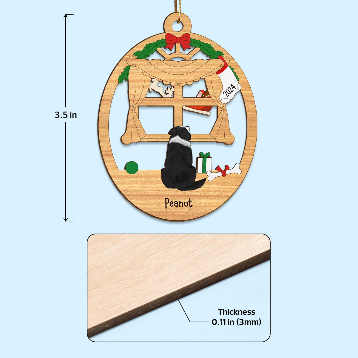 Christmas Dogs Sitting By The Window Personalized Wooden Ornament