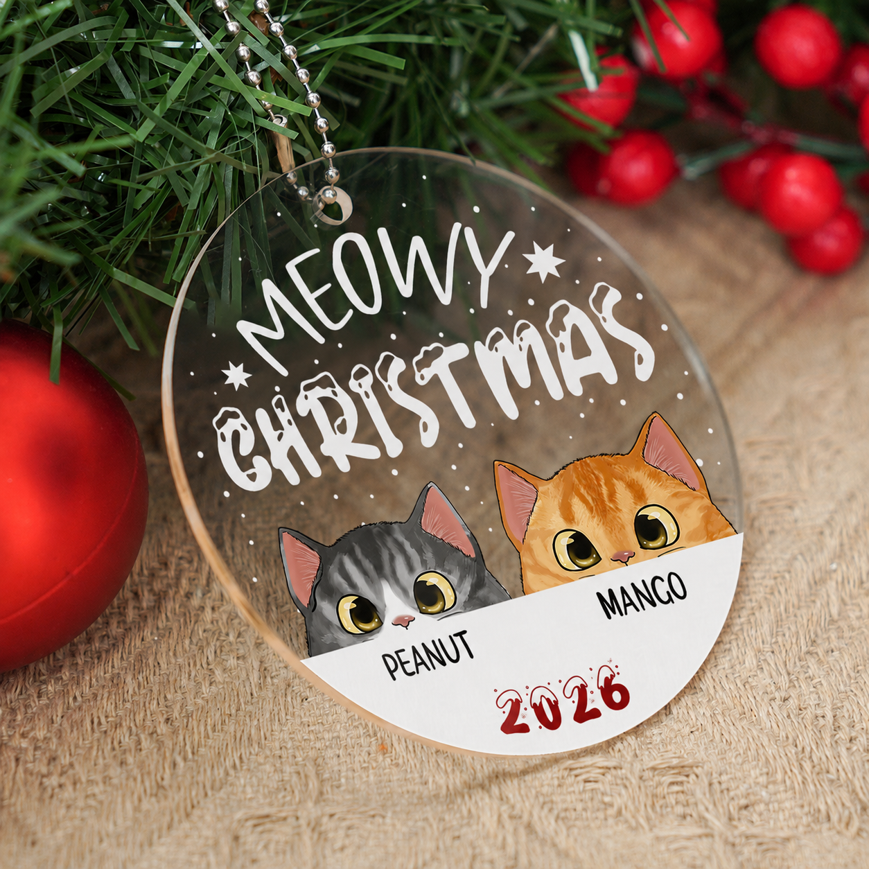 Cat Meowy Christmas Personalized Acrylic Ornament, Custom Cat Breed Ornament, Cat Lover Gift