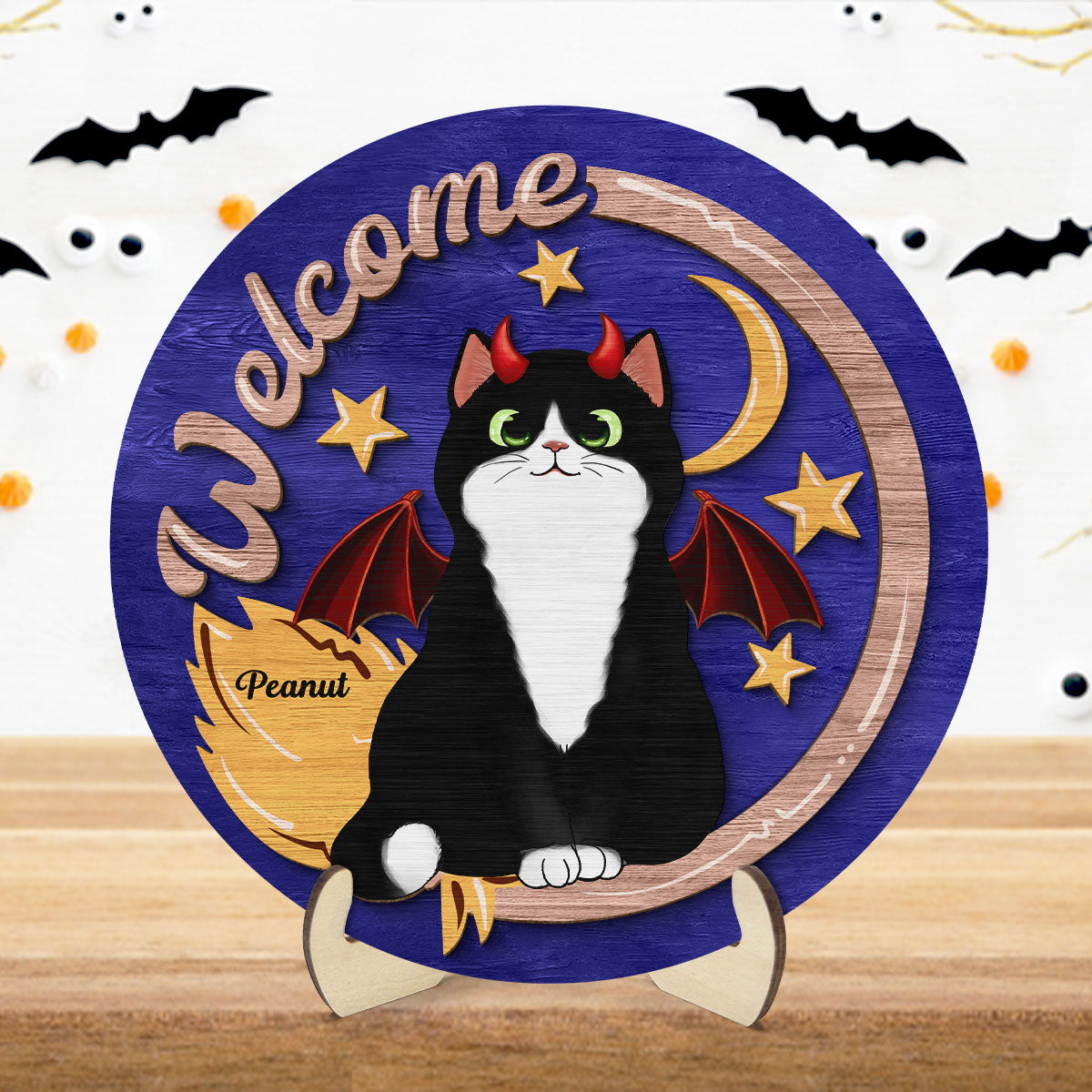 Welcome Halloween Cat Personalized 2-Layer Wooden Plaque, Gift For Cat Lovers