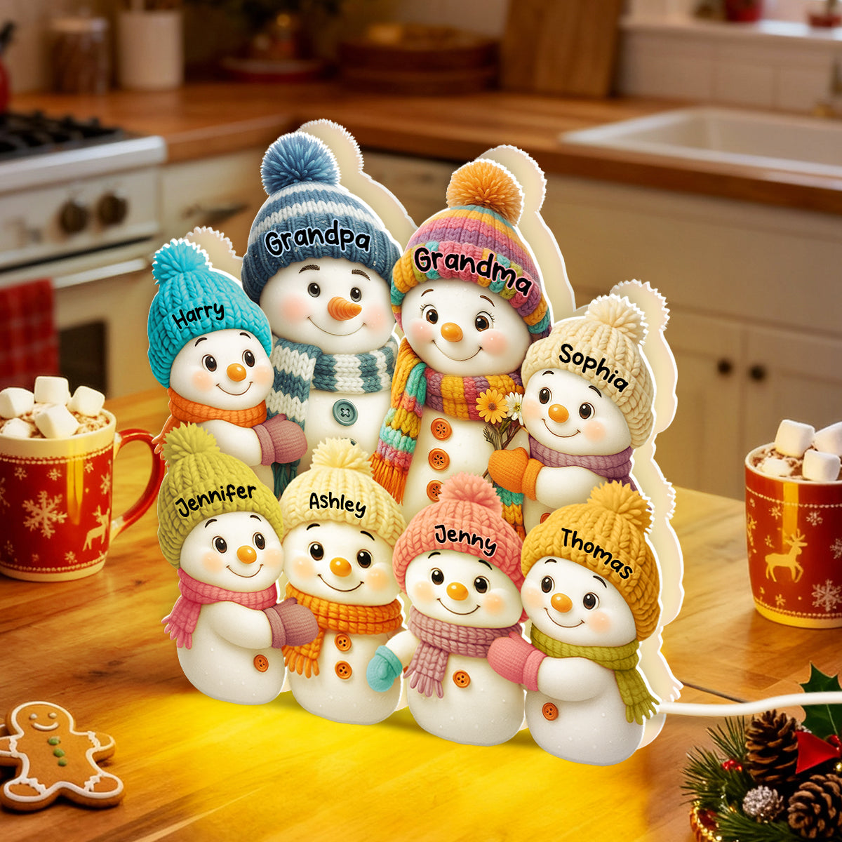 3D Effect Snowman Grandma Grandpa and Grandkids Personalized Light Box - Christmas Gift for Grandparents