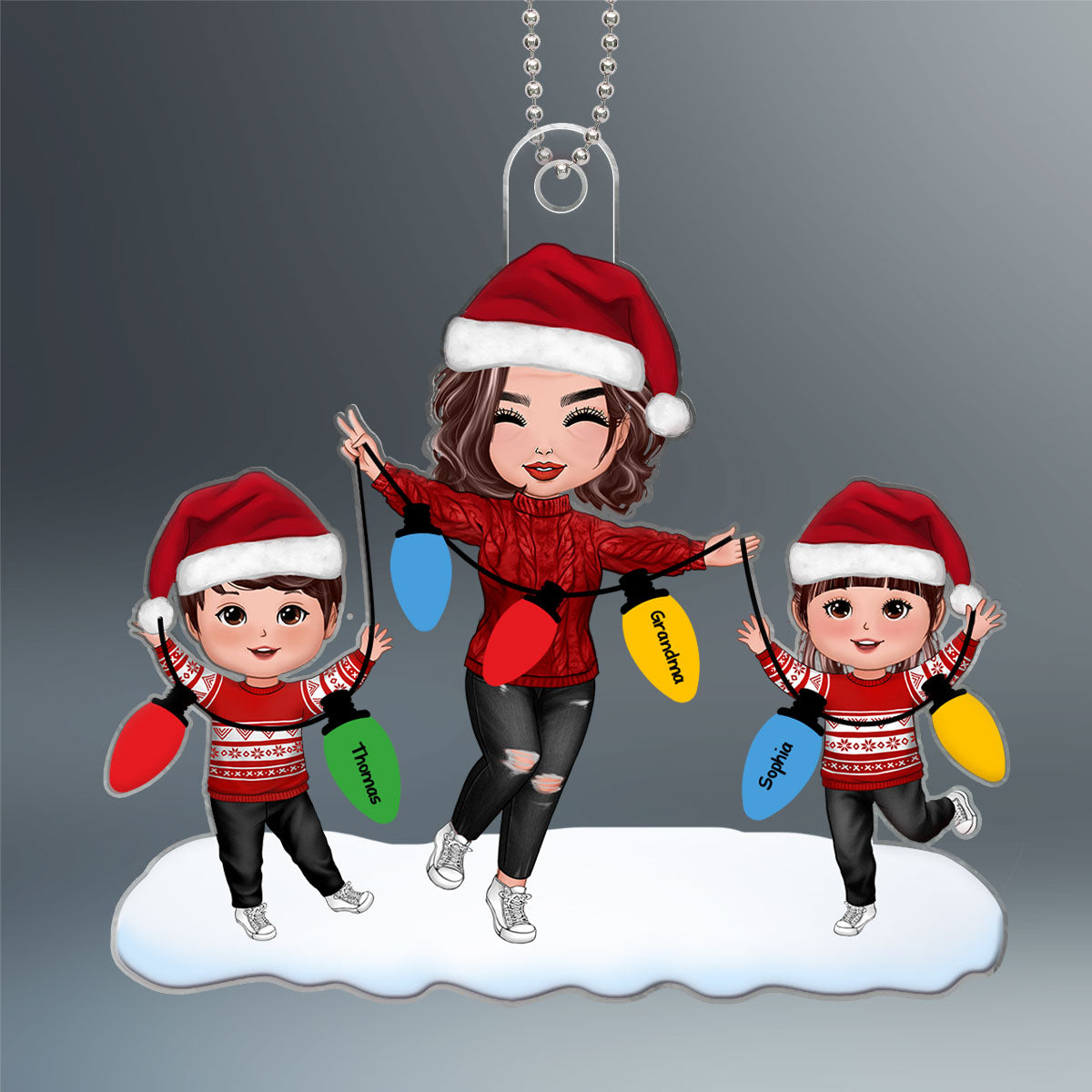 Christmas Lights Happy Doll Grandma Grandkids Personalized Acrylic Ornament