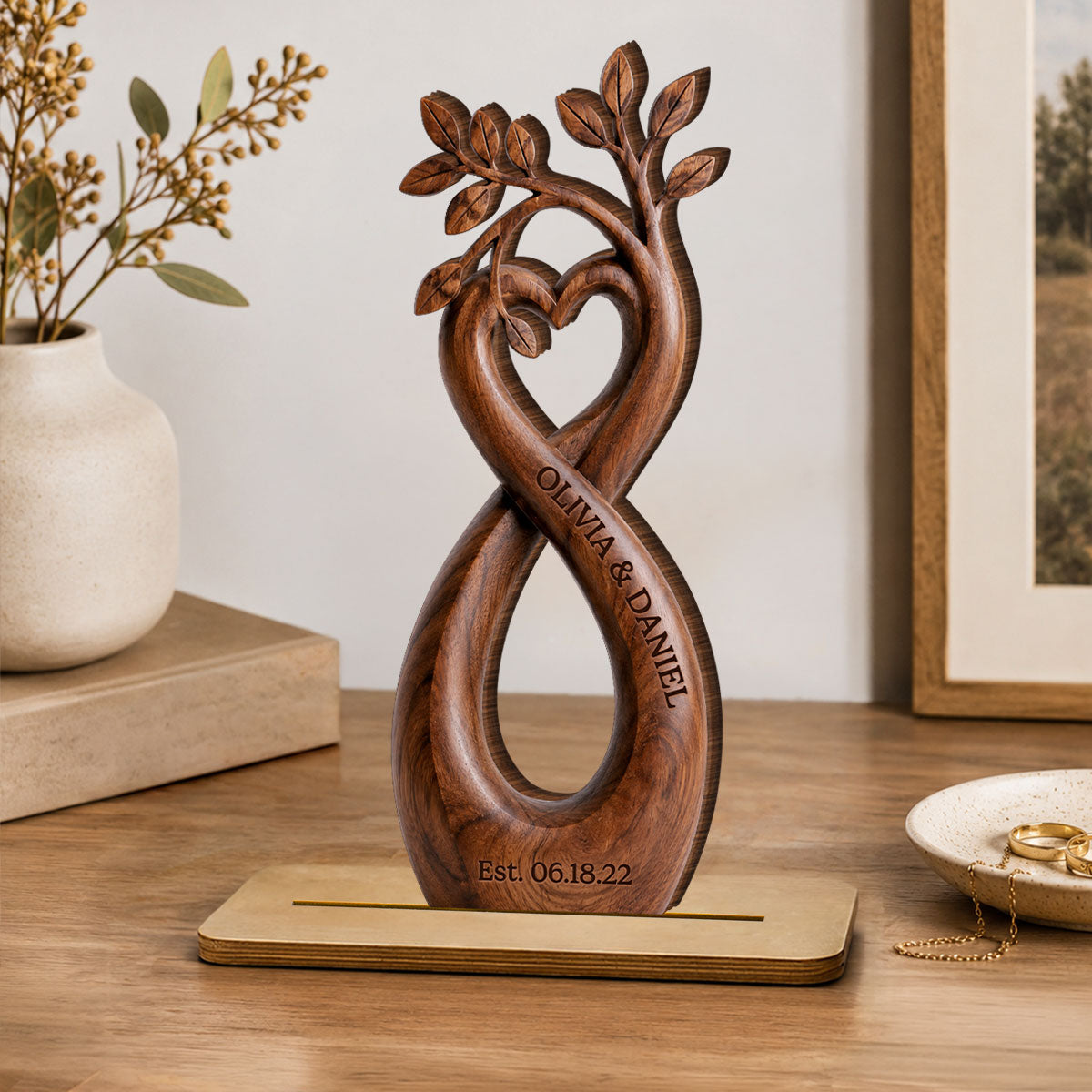Infinity Heart Tree Couple - Personalized 2-Layered Wooden Plaque - Heartfelt Anniversary Gift for Her, Gift for Him