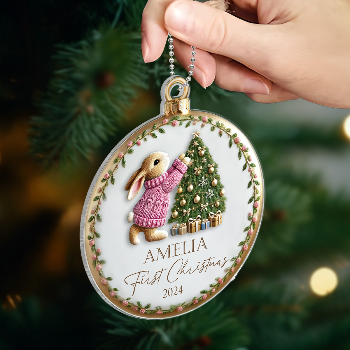 Baby's First Christmas Cute Pink Blue Bunny Rabbit For Baby Boy Girl Personalized Acrylic Ornament, New Parents Keepsake, Gift For Newborn