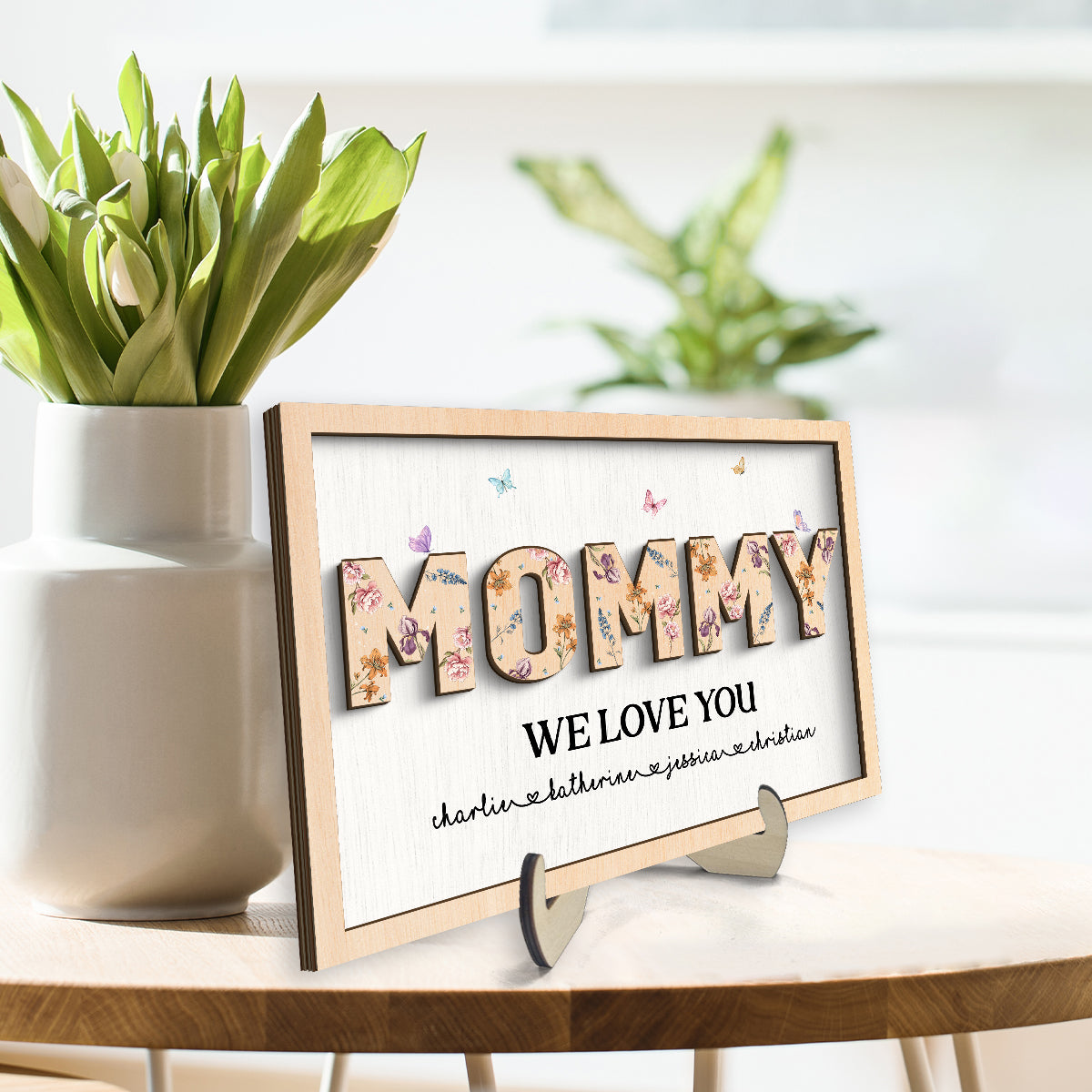 Mom We Love You, Custom 2-Layer Wooden Plaque, Birth Month Flower, Gift For Mom