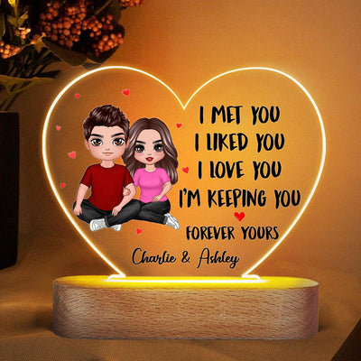 Embracing Doll Couple Sitting I Met You Gift For Him For Her Personalized Acrylic Heart Plaque LED Night Light