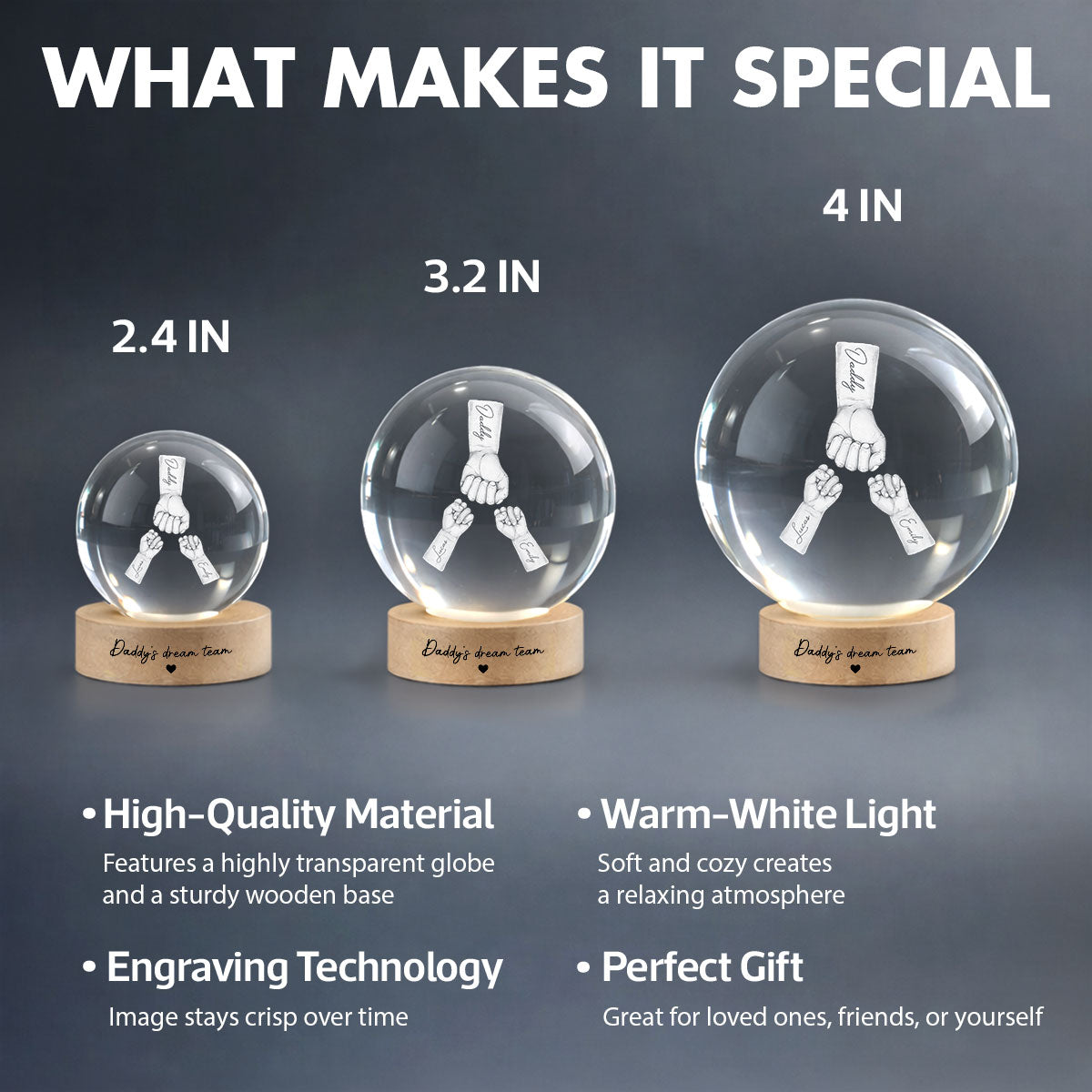 Daddy's Dream Team - Personalized Crystal Ball LED Night Light - Father's Day Gift for Dad, Husband