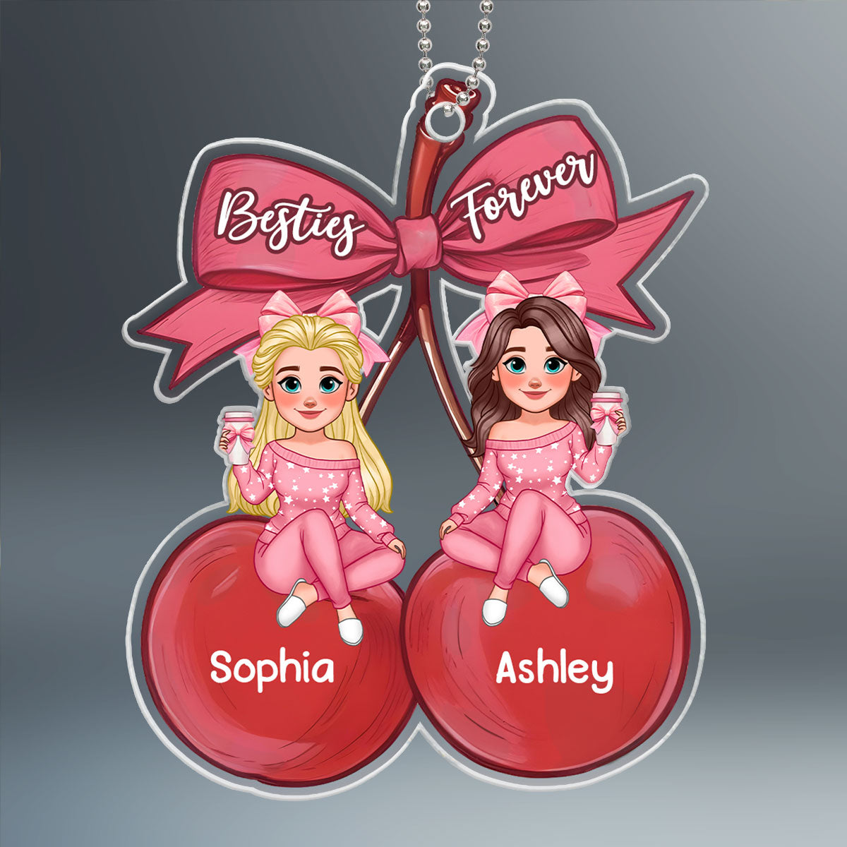 Besties Sitting On Pink Coquette Cherry Bow Personalized Acrylic Ornament, Christmas Gift For Best Friends
