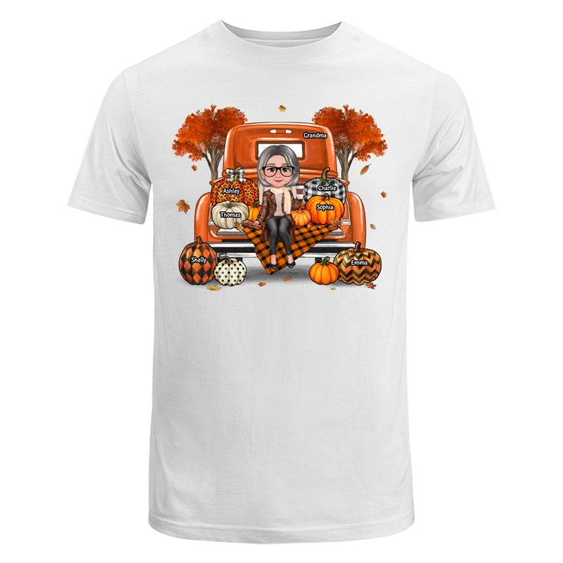 Grandma Mom Sitting On Orange Pumpkins Truck Fall Season Personalized Shirt