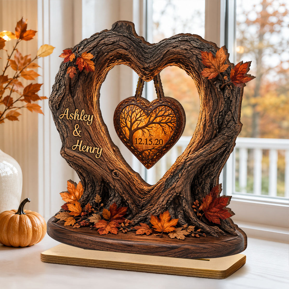 Couple Fall Season Heart Tree - Personalized 2-Layered Wooden Plaque - Anniversary Gift for Her, for Him