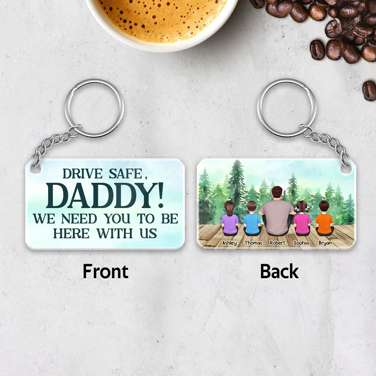 Dad And Kids Back View Sitting Forest Personalized Acrylic Keychain